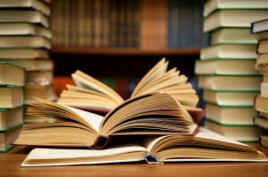 Stack of books in a library