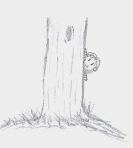 Cartoon Brahms hiding behind a tree