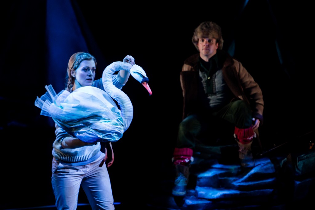 Suzanne Shakespeare as the Swan (puppet), and Adrian Dwyer as Lemminkäinen. Photo: Richard Davenport