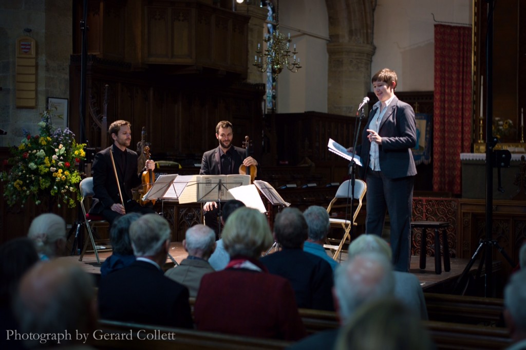 Katy with members of the Heath Quartet, introducing a concert at Ryedale