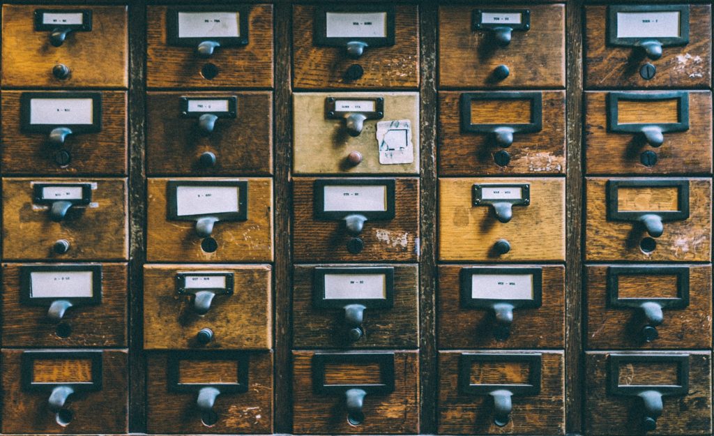 Library card index drawers, front view