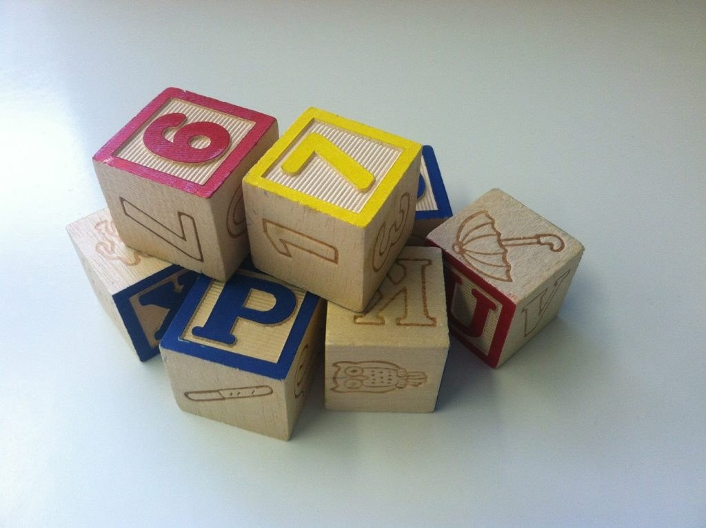 Children's toy blocks with letters and numbers